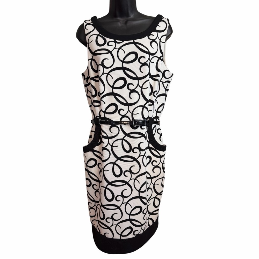 London Times NWT Black and White Swirl Print Sheath Dress 12
